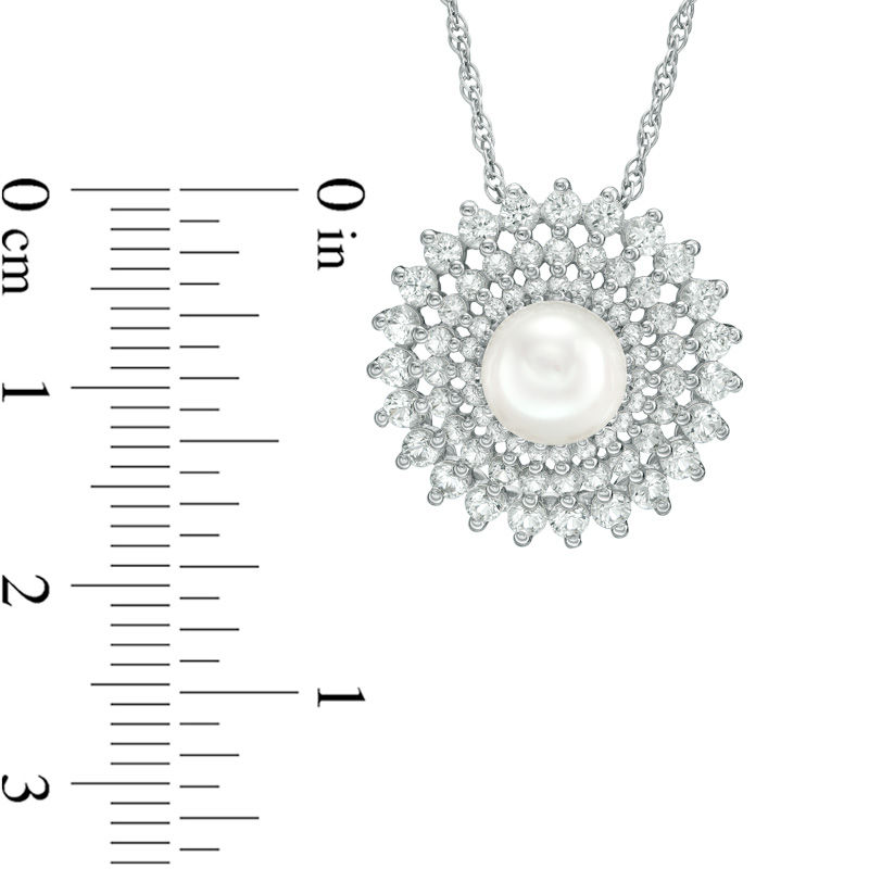 Main Image 2 of 7.0mm Freshwater Cultured Pearl and Lab-Created White Sapphire Sunburst Frame Pendant in Sterling Silver