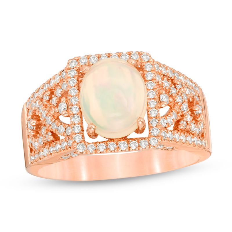 Main Image 1 of Oval Opal and 1/2 CT. T.W. Diamond Vintage-Style Ring in 14K Rose Gold