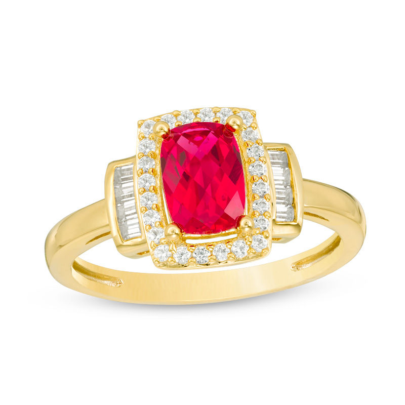 Main Image 1 of Cushion-Cut Lab-Created Ruby and White Sapphire Frame Collar Ring in 10K Gold