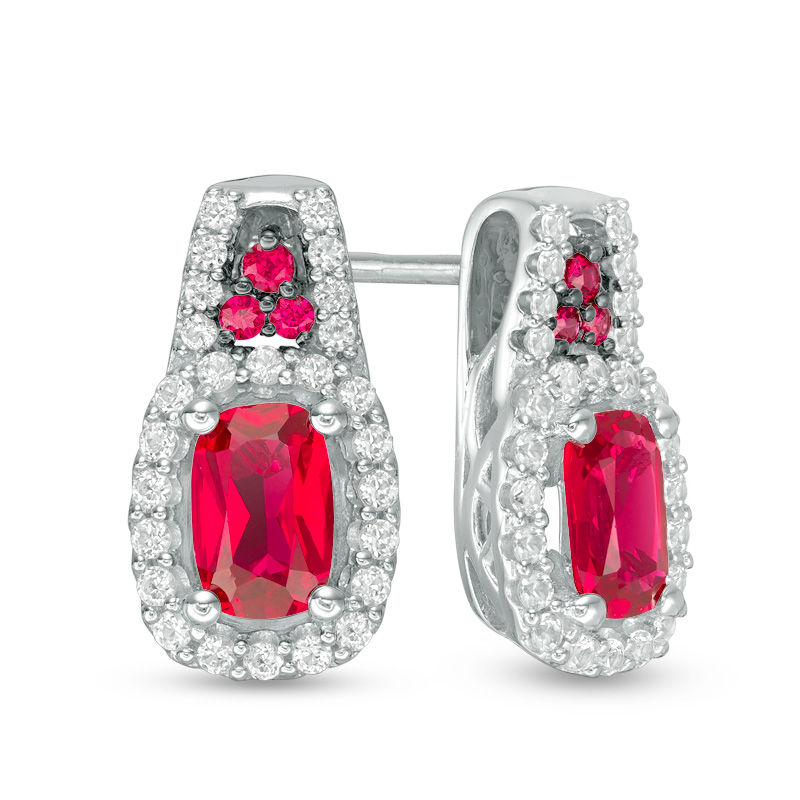 Main Image 1 of Cushion-Cut Lab-Created Ruby and White Sapphire Frame Drop Earrings in Sterling Silver