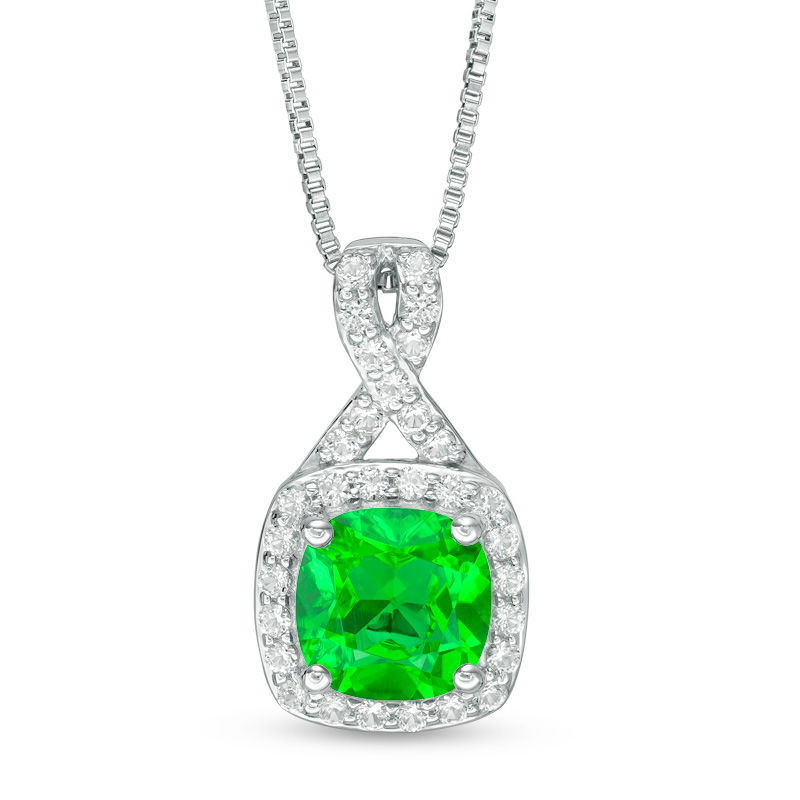 Main Image 1 of 7.0mm Cushion-Cut Lab-Created Emerald and White Sapphire Frame Pendant in Sterling Silver