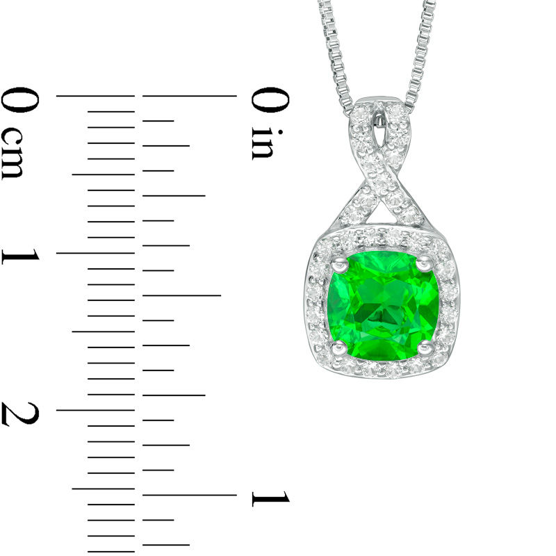 Main Image 2 of 7.0mm Cushion-Cut Lab-Created Emerald and White Sapphire Frame Pendant in Sterling Silver