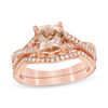 Thumbnail Image 1 of 7.0mm Cushion-Cut Morganite and 1/3 CT. T.W. Diamond Twist Bridal Set in 14K Rose Gold