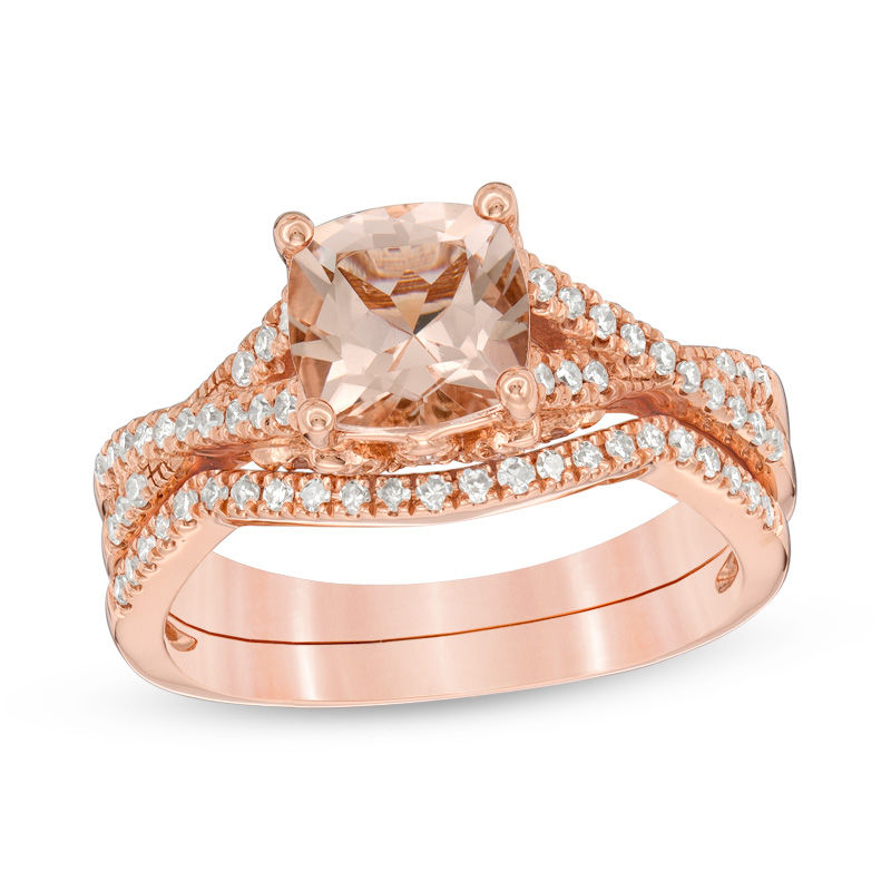 Main Image 1 of 7.0mm Cushion-Cut Morganite and 1/3 CT. T.W. Diamond Twist Bridal Set in 14K Rose Gold