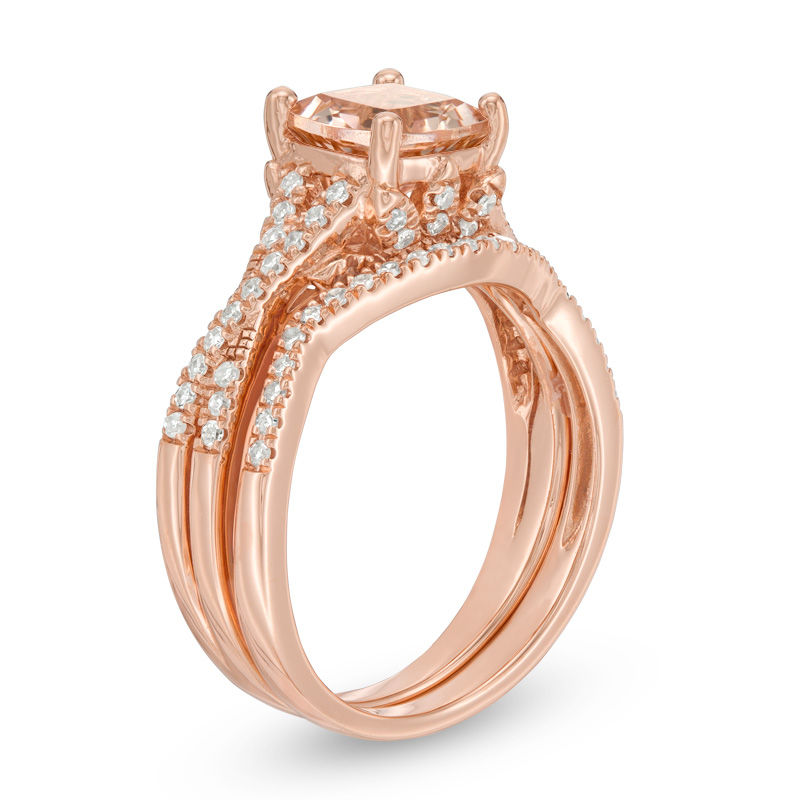 Main Image 2 of 7.0mm Cushion-Cut Morganite and 1/3 CT. T.W. Diamond Twist Bridal Set in 14K Rose Gold