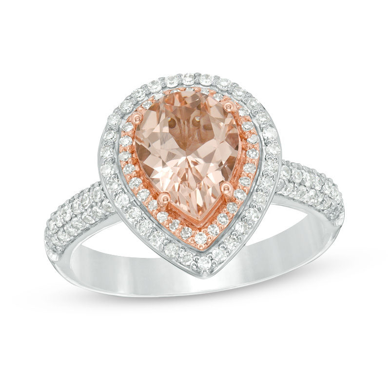 Main Image 1 of Pear-Shaped Morganite and 1/2 CT. T.W. Diamond Frame Ring in 14K Two-Tone Gold