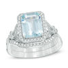 Thumbnail Image 0 of Emerald-Cut Aquamarine and 1/3 CT. T.W. Diamond Frame Floral Bridal Set in 14K White Gold