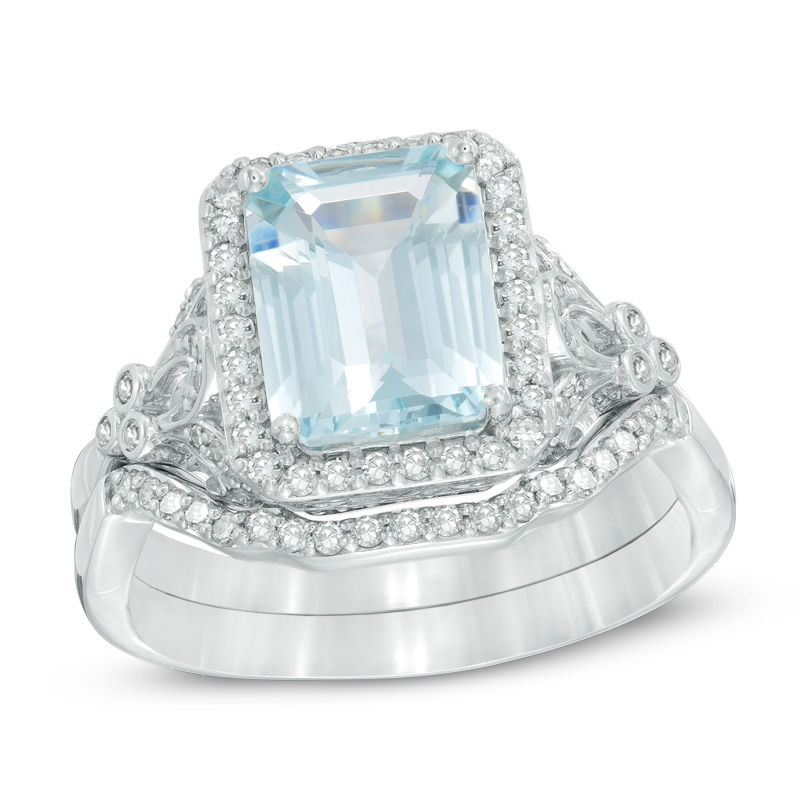 Emerald-Cut Aquamarine and 1/3 CT. T.W. Diamond Frame Floral Bridal Set in 14K White Gold