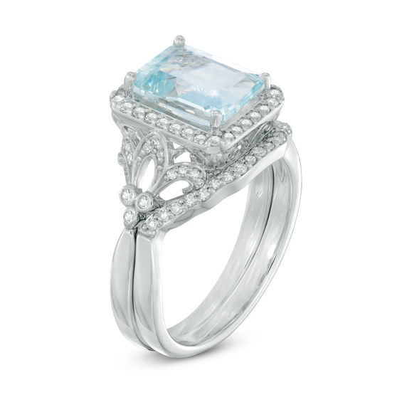 Emerald-Cut Aquamarine and 1/3 CT. T.w. Diamond Frame Floral Bridal Set in 14K White Gold
