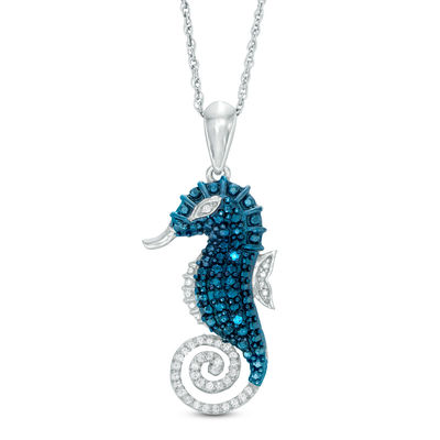 Blue and White Diamond Seahorse Pendant 