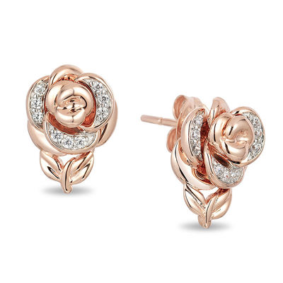 Zales Enchanted Disney Belle 0.084 Ct. T.W. Diamond Rose Stud Earrings in 10K Rose Gold