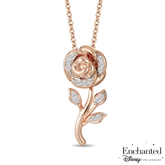 Enchanted Disney Belle 1/10 CT. T.w. Diamond Rose Pendant in 10K Rose Gold - 19"