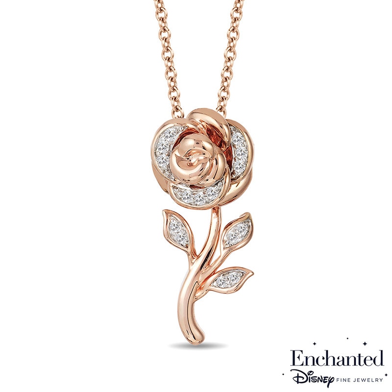 Main Image 1 of Enchanted Disney Belle 1/10 CT. T.W. Diamond Rose Pendant in 10K Rose Gold - 19"