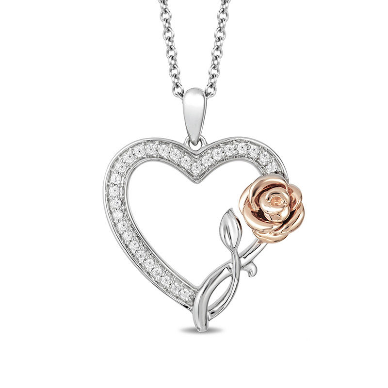 Main Image 1 of Enchanted Disney Belle 1/6 CT. T.W. Diamond Rose and Heart Pendant in Sterling Silver and 10K Rose Gold - 19"
