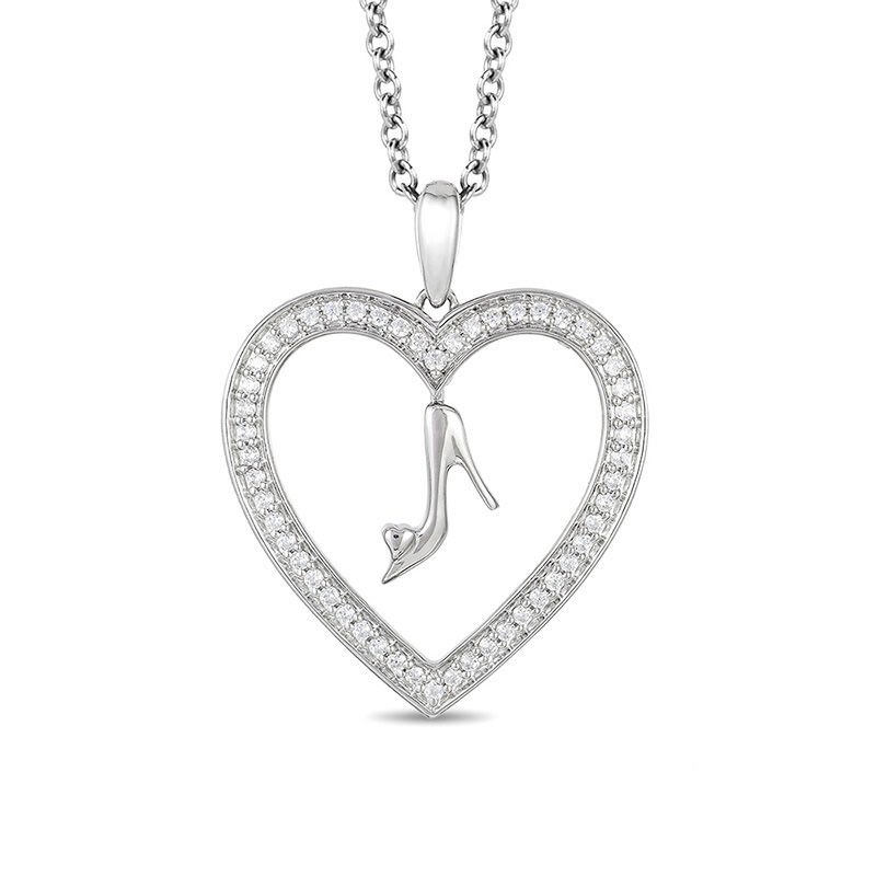 Main Image 1 of Enchanted Disney Cinderella 1/5 CT. T.W. Diamond Glass Slipper and Heart Pendant in Sterling Silver - 19"