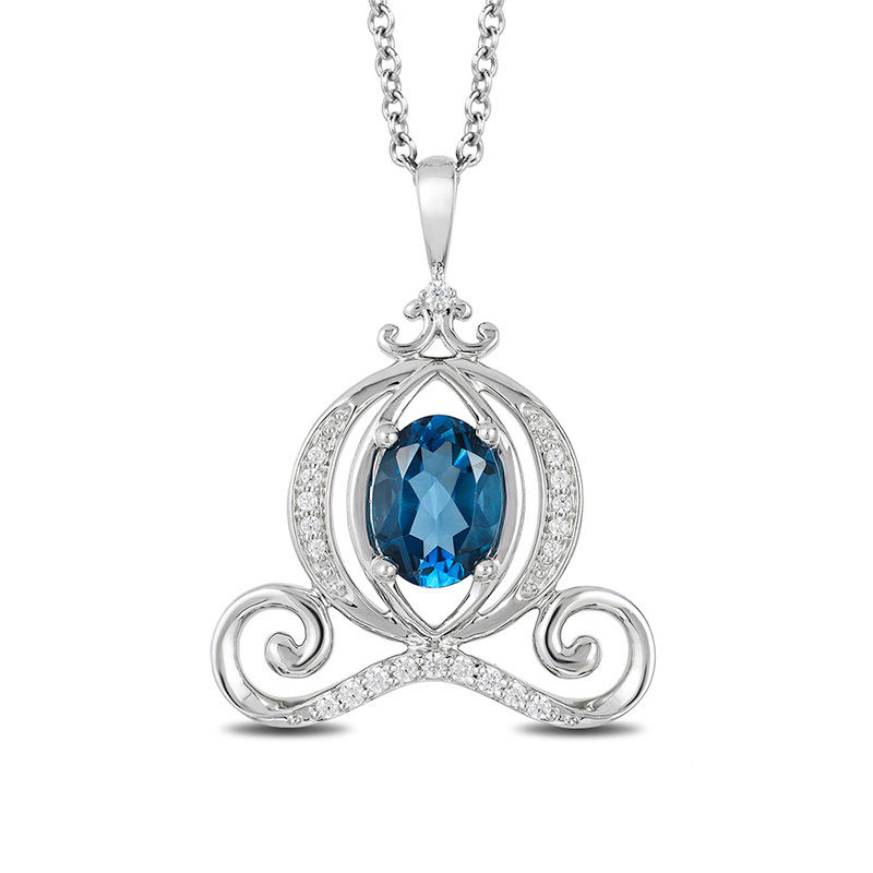 Enchanted Disney Cinderella Oval London Blue Topaz and 1/10 CT. T.W. Diamond Carriage Pendant in Sterling Silver - 19"