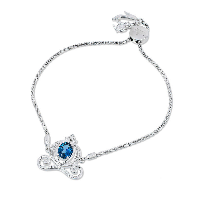 Enchanted Disney Cinderella Oval Blue Topaz and 1/10 CT. T.W. Diamond Carriage Bolo Bracelet in Sterling Silver - 9.5"