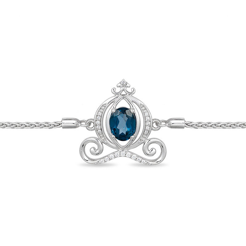 Enchanted Disney Cinderella Oval Blue Topaz and 1/10 CT. T.W. Diamond Carriage Bolo Bracelet in Sterling Silver - 9.5"