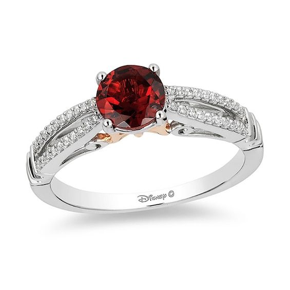 Enchanted Disney Snow White 6.0mm Garnet and 1/10 CT. T.w. Diamond Promise Ring in 10K Two-Tone Gold