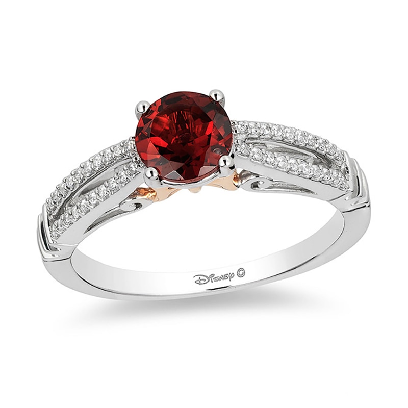 Main Image 1 of Enchanted Disney Snow White 6.0mm Garnet and 1/10 CT. T.W. Diamond Promise Ring in 10K Two-Tone Gold