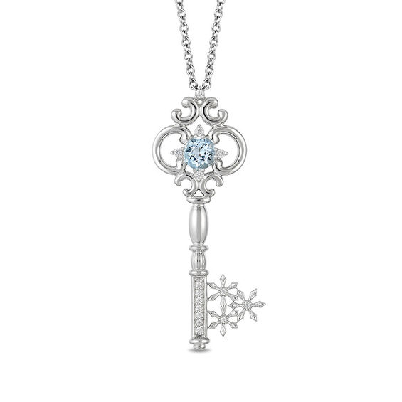 Enchanted Disney Elsa 5.0mm Aquamarine and 1/10 CT. T.w. Diamond Key Pendant in Sterling Silver - 19"