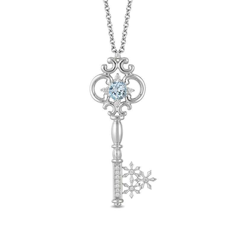 Enchanted Disney Elsa 5.0mm Aquamarine and 1/10 CT. T.W. Diamond Key Pendant in Sterling Silver - 19"