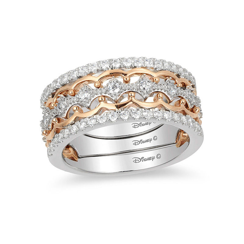 Main Image 1 of Enchanted Disney Princess 1/2 CT. T.W. Diamond Tiara Stackable Three Ring Set in 14K Two-Tone Gold