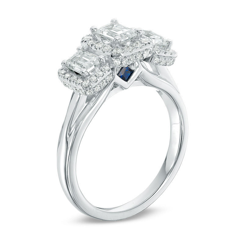 Main Image 2 of Vera Wang Love Collection 1-1/3 CT. T.W. Emerald-Cut Diamond Three Stone Frame Engagement Ring in 14K White Gold