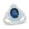 Thumbnail Image 1 of Oval Lab-Created Blue and White Sapphire Sunburst Frame Ring in Sterling Silver