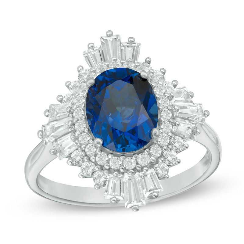 Main Image 1 of Oval Lab-Created Blue and White Sapphire Sunburst Frame Ring in Sterling Silver