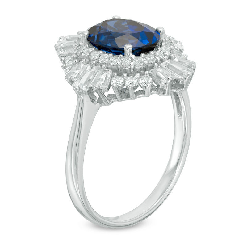 Main Image 2 of Oval Lab-Created Blue and White Sapphire Sunburst Frame Ring in Sterling Silver