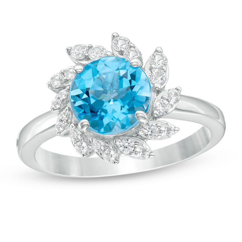 Main Image 1 of 8.0mm Swiss Blue Topaz and Lab-Created White Sapphire Swirl Frame Ring in Sterling Silver