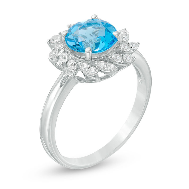 8.0mm Swiss Blue Topaz and Lab-Created White Sapphire Swirl Frame Ring in Sterling Silver