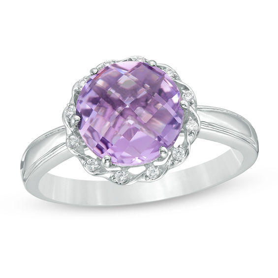 9.0mm Briolette Amethyst and Lab-Created White Sapphire Frame Ring in ...