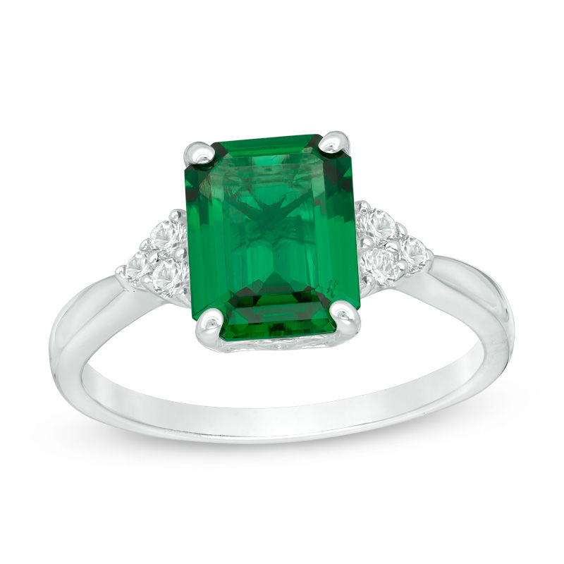 Main Image 1 of Emerald-Cut Lab-Created Emerald and White Sapphire Tri-Sides Ring in Sterling Silver