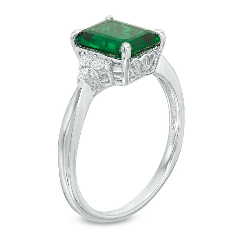 Main Image 2 of Emerald-Cut Lab-Created Emerald and White Sapphire Tri-Sides Ring in Sterling Silver