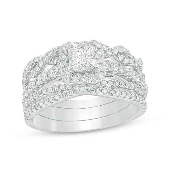 1-1/4 CT. T.w. Princess-Cut Diamond Frame Three Piece Bridal Set in 14K White Gold