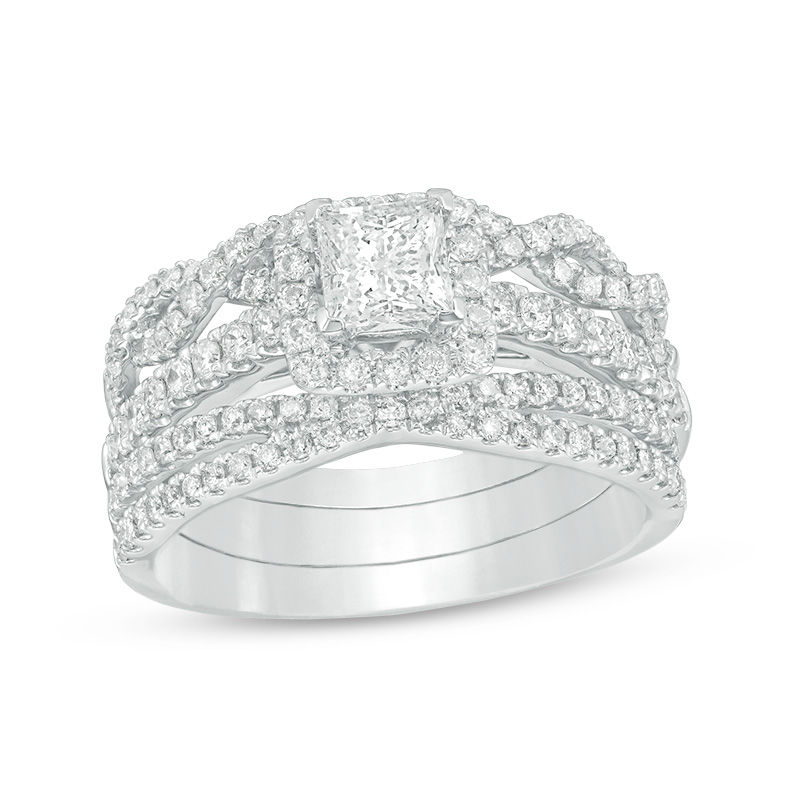 Main Image 1 of 1-1/4 CT. T.W. Princess-Cut Diamond Frame Three Piece Bridal Set in 14K White Gold
