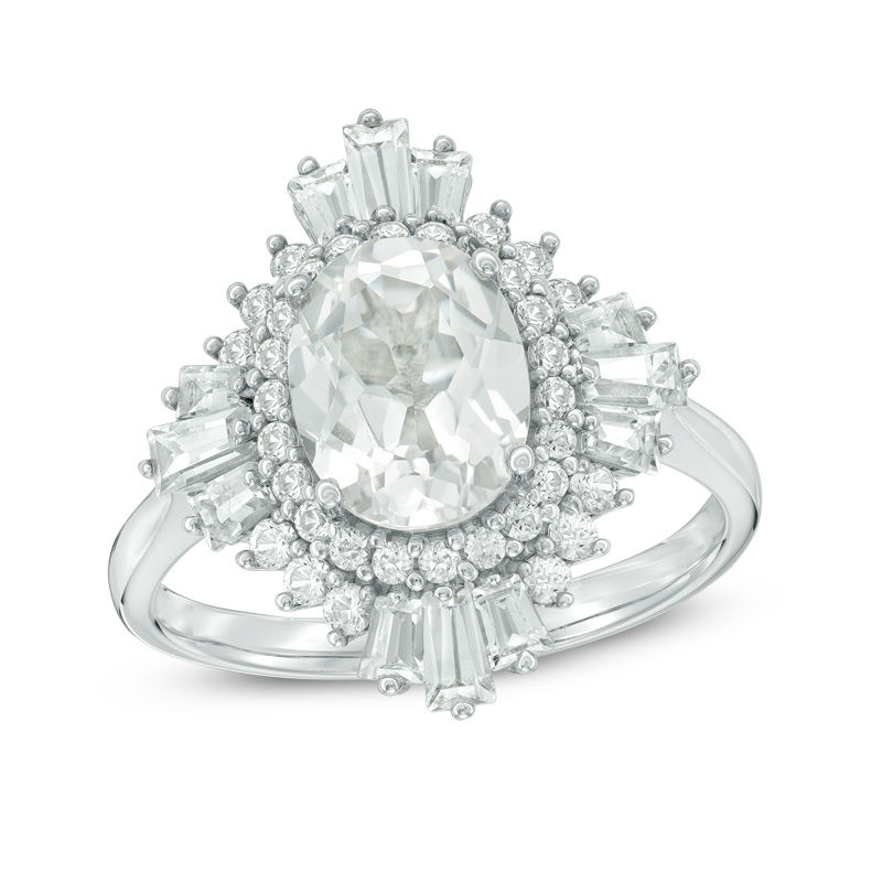 Main Image 1 of Oval Lab-Created White Sapphire Art Deco Frame Ring in Sterling Silver