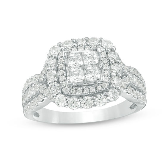 1-1/2 CT. T.w. Quad Princess-Cut Diamond Double Cushion Frame Engagement Ring in 14K White Gold