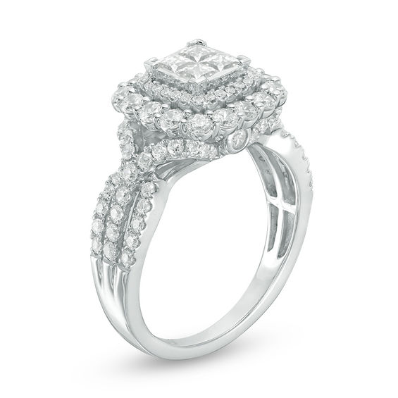 1-1/2 CT. T.w. Quad Princess-Cut Diamond Double Cushion Frame Engagement Ring in 14K White Gold