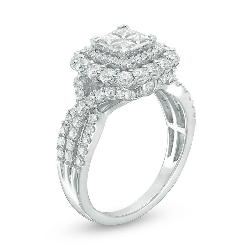 1-1/2 CT. T.W. Quad Princess-Cut Diamond Double Cushion Frame Engagement Ring in 14K White Gold