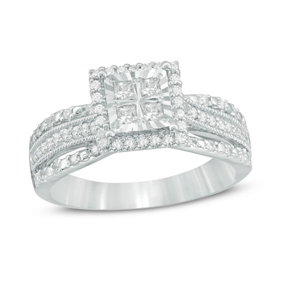 1/2 CT. T.w. Quad Princess-Cut Diamond Frame Vintage-Style Bypass Engagement Ring in 10K White Gold