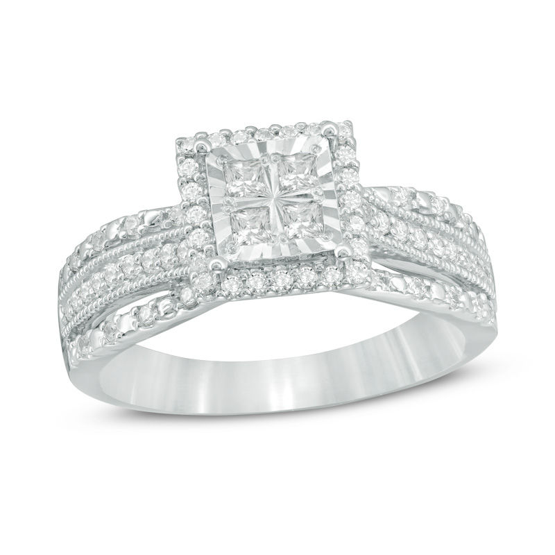 1/2 CT. T.W. Quad Princess-Cut Diamond Frame Vintage-Style Bypass Engagement Ring in 10K White Gold