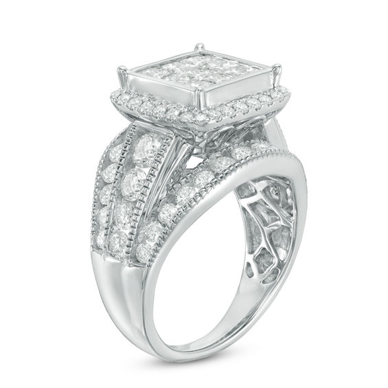 3 CT. T.w. Composite Princess-Cut Diamond Three Row Engagement Ring in 14K White Gold