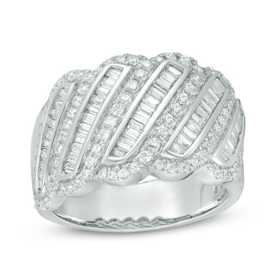 1-1/2 CT. T.w. Baguette and Round Diamond Slant Wavy Anniversary Band in 10K White Gold