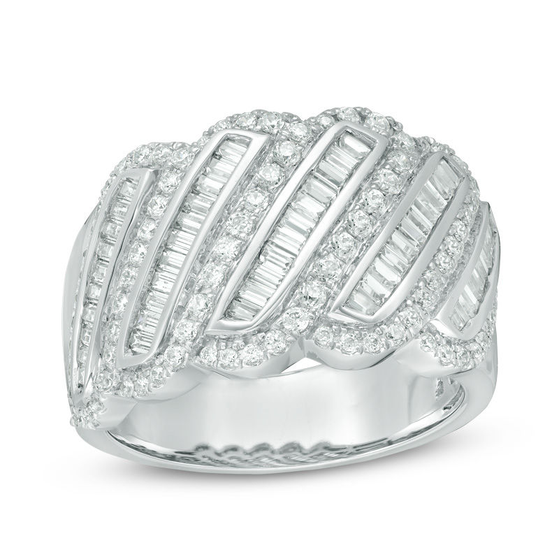 Main Image 1 of 1-1/2 CT. T.W. Baguette and Round Diamond Slant Wavy Anniversary Band in 10K White Gold