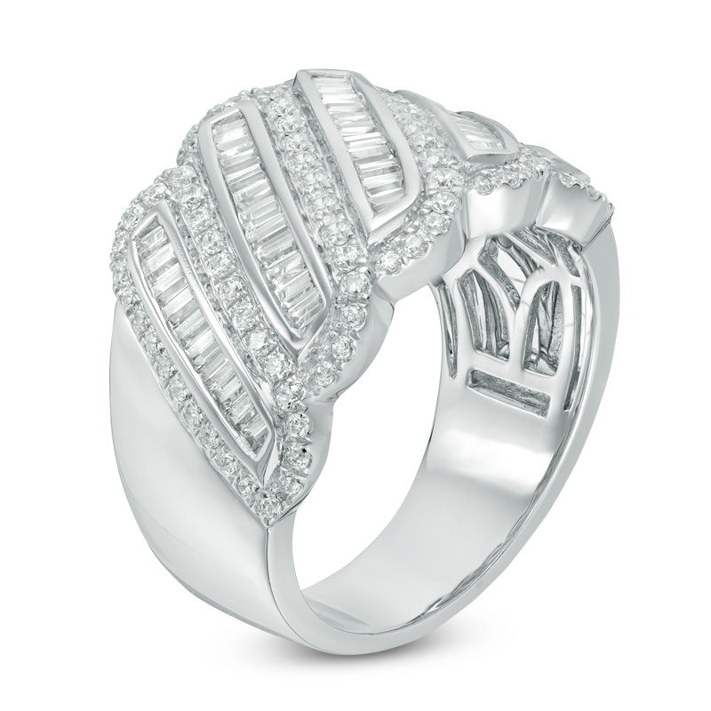 Main Image 2 of 1-1/2 CT. T.W. Baguette and Round Diamond Slant Wavy Anniversary Band in 10K White Gold