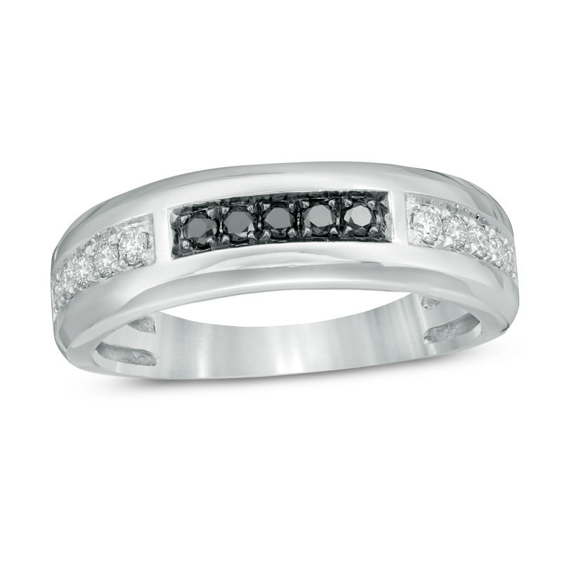 Men's 3/8 CT. T.W. Enhanced Black and White Diamond Wedding Band in 10K White Gold