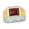 Thumbnail Image 1 of Men's Baguette Garnet and Lab-Created White Sapphire Signet Ring in Sterling Silver and 10K Gold
